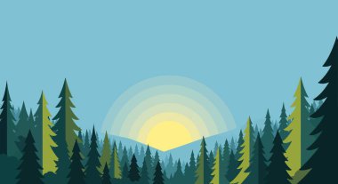 Çam ağaçlarının değişik yeşil tonlarda, parlak sarı bir güneş eşmerkezli kavisler olarak tasvir edildiği biçimlendirilmiş bir orman manzarası..