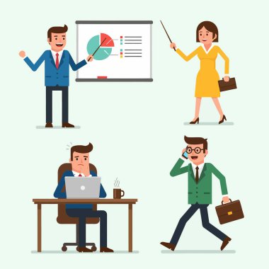 İş dünyasından profesyonellerin veri sunduğu, masa başında çalıştığı ve iş gününün farklı yönlerini gösteren çizimler..