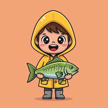 Sarı yağmurluk ve kapüşonlu şirin bir çocuk, iki eliyle büyük yeşil bir balık tutuyor, mutlu bir şekilde gülümsüyor.