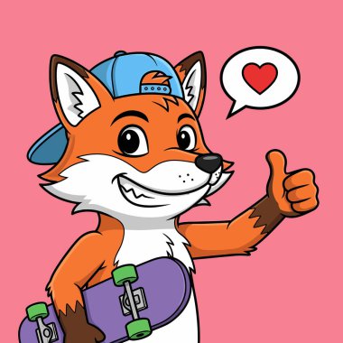 Neşeli bir çizgi film tilkisi ters bir şapka takıyor ve elinde bir kaykay tutuyor. Onaylıyor, kalbi konuşma balonunda..