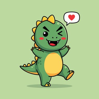 Yeşil bir dinozorun büyüleyici bir çizimi. Sarı bir göbeği ve çivileri var. Kafasının üstünde bir kalp kabarcığı var..