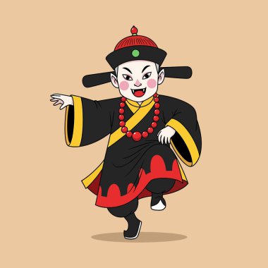 Jiangshi olarak bilinen Çinli bir vampirin karikatür çizimi. Geleneksel kıyafetler, bir şapka ve neşeli bir ifadeyle kırmızı boncuklu bir kolye takıyor..