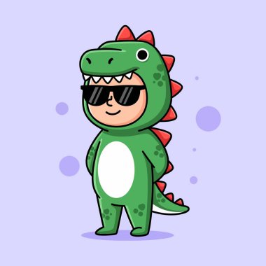 Yeşil bir dinozor kostümü giyen, kırmızı başlıklı ve siyah güneş gözlüklü sevimli bir çocuk karikatürü..