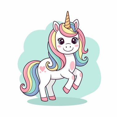 Beyaz önlüklü, gökkuşağı renginde yelesi ve kuyruğu olan hoş bir tek boynuzlu at ve yumuşak bir deniz mavisi zeminine dayanan altın bir boynuz..