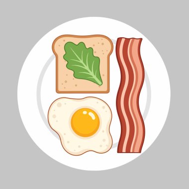 İçinde pastırma, sahanda yumurta ve yeşil yapraklı bir tost bulunan bir kahvaltı tabağının çizgi film çizimi..