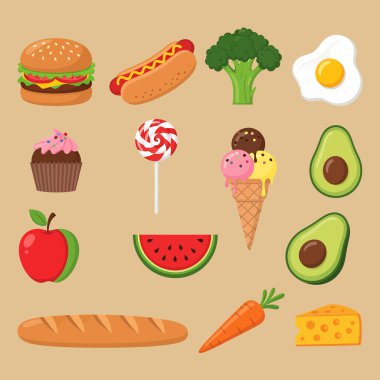 Sağlıklı beslenme ve dengeli diyetleri desteklemek için mükemmel meyve, sebze ve ikramlar içeren canlı bir yemek koleksiyonu..