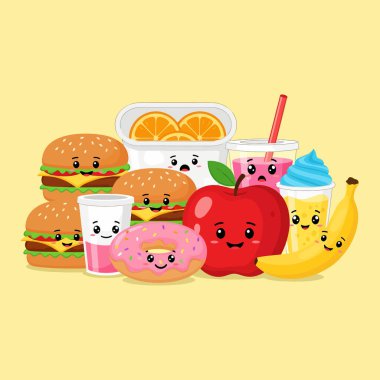 Hamburgerler, bir elma, bir muz, bir çörek ve çeşitli içecekler de dahil olmak üzere gülen yüzlü yemek karakterlerinin yer aldığı renkli bir çizgi film çizimi..