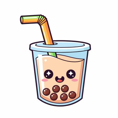 Bir kawaii yüzü, tapyoka incileri ve bir kamış içeren sevimli baloncuk çayı illüstrasyonu, çıkartmalar ve tasarımlar için mükemmel..