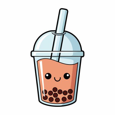 Gülen yüzlü bir boba çayı içeceği ve altında samanla birlikte tapyoka incileri olan büyüleyici bir karikatür çizimi..