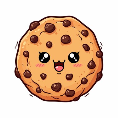 Şirin, kawaii tarzı bir yüzü olan, büyük gözleri, pembe yanakları ve tatlı bir gülümsemesi olan çikolata parçalı kurabiyenin hoş bir çizimi..