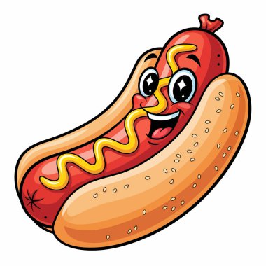 Gülen gözlü, hardalla kaplanmış, susamlı çöreğin içine yerleştirilmiş, geniş bir gülümsemesi olan neşeli bir sosisli..