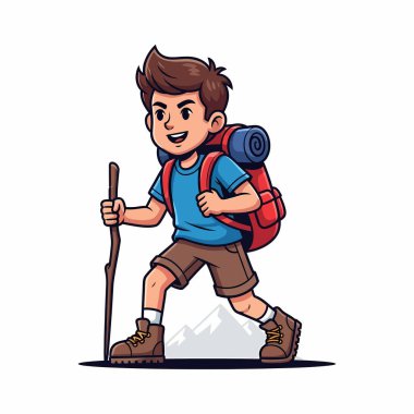 Neşeli bir çizgi film çocuğu sırt çantası ve bastonuyla yürüyüş yapıyor. Açık hava macerasına hazır..