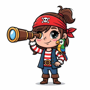 Omzunda papağan olan ve maceraya hazır teleskop tutan bir korsan kız resmi..
