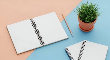 Kapalı ve açık defterler, bir kalem ve pastel arka planda bir saksı bitkisinin yukarıdan çekimleri temiz ve düzenli bir çalışma alanı estetiği yaratıyor..