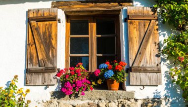 Ahşap kepenkleri ve Tencere Renkli Çiçekleri olan Kırsal Pencere