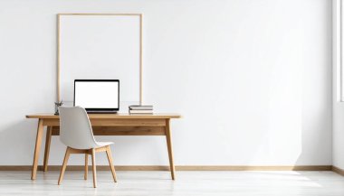 Dizüstü bilgisayarı, sandalyesi ve Boş Çerçeveli Minimalist Çalışma Alanı