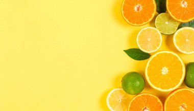 Canlı Turunçgil Dilimleri ve Yeşil Yapraklar Güneşli Sarı Sırtta