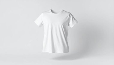 Temiz, minimalist bir tasarım. Beyaz bir arka planda havada asılı duran beyaz bir tişört. Giysileri sergilemek için mükemmel..