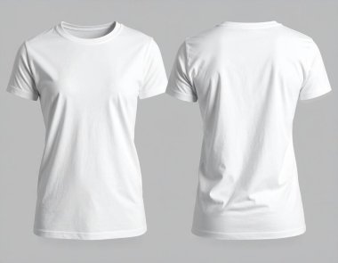 Gerçekçi beyaz tişört modeli hem ön hem de arka manzara sergiliyor. Giyim tasarımları, logolar ve markalaşma kavramlarını temiz ve profesyonel bir görünüm ile sunmak için ideal..