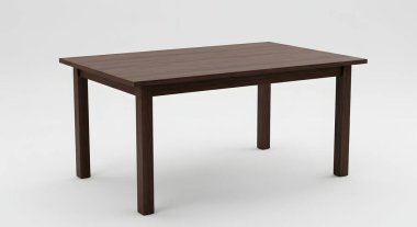 Dikdörtgen siyah ahşap masa düz beyaz bir arkaplan karşısında duruyor, mobilya katalogları ve iç tasarım tasarımları için temiz ve çok yönlü bir resim oluşturuyor..