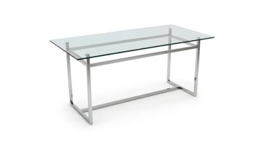 Krom metal çerçeveli dikdörtgen cam masa mobilya tasarımı ve modern ev dekorasyonu için ideal beyaz bir yüzey üzerinde oturur..