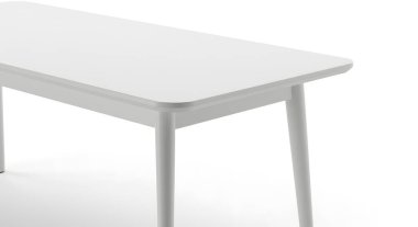 Yakın plan yuvarlak köşeli ve düz bacaklı minimalist beyaz bir masa gösteriyor. Modern mobilyaları veya iç tasarım elementlerini sergilemek için kullanılıyor..