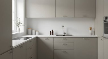 Modern beyaz mutfak içi ahşap mobilyalar, beyaz duvar, parke, beyaz pencere, minimalist tasarım fikri