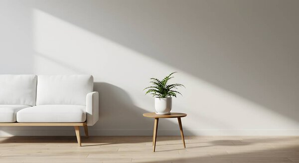 пустой интерьер гостиной с белым диваном и деревянным полом, копировать пространство для вашего дизайна. 3 d иллюстрация