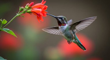 Bir sinekkuşu, parlak kırmızı bir çiçeğin nektarını özenle yudumlar. Kanatları yumuşak odaklı arka planda bulanıklaşır. Huzurlu bir güzelliğin görüntüsü.