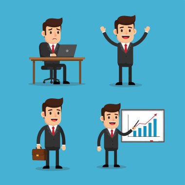 Bir karikatür işadamı çeşitli pozlarda tasvir edilir, iş hayatının farklı yönlerini gösterir, bir masada çalışmak, başarıyı kutlamak, bir evrak çantası taşımak ve bir çizelge sunmak dahil olmak üzere..