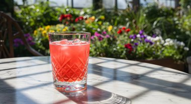 Ahşap bir masanın üzerindeki bardakta bir kokteylin yakın çekimi.