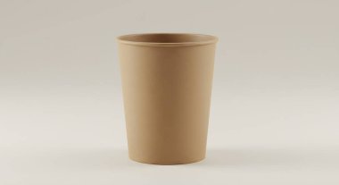 Kahverengi bir kağıt bardak, tarafsız bir zemine dayanır. İçecekler için mükemmeldir..