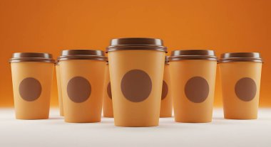 Kapaklı birkaç kağıt kahve fincanı bir arka fona göre düzenlenir. Kahve molası veya paket servisi için birebirdir..