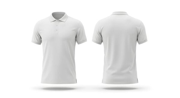 A clean, crisp white polo shirt, shown from both the front and back.  Simple, elegant design, perfect for showcasing your brand.