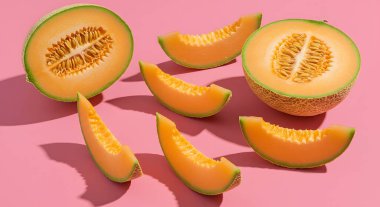 Taze kavun parçaları pembe bir yüzeyde sergileniyor ve canlı ve iştah açıcı bir sahne yaratıyor. Gıda içeriği için ideal..