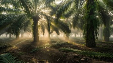 Huzurlu bir palmiye yağı çiftliği sabah ışığının yumuşak parıltısıyla yıkandı, sakin ve resimsel bir sahne yarattı..
