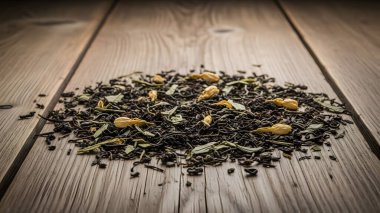 Kırsal bir ahşap yüzey üzerinde duran, görünür bitkiler ve çiçek yapraklarıyla dolu bir yığın yaprak çayının yakın plan çekimi..