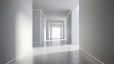 Beyaz duvarları ve sonunda bir ışık kaynağı olan parlak, minimalist bir koridor modern mimari alanda derinlik ve perspektif hissi yaratıyor..