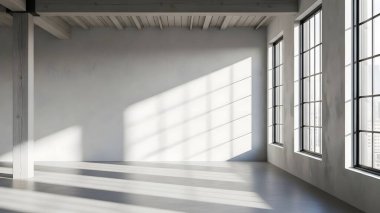 Büyük camlardan içeri güneş ışığı akan boş bir sanayi bölgesi beton zemin ve duvarlara gölgeler bırakıyor..