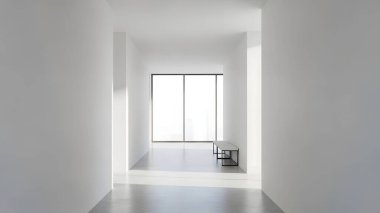 Beyaz duvarlı temiz, parlak bir koridor geniş pencereli ve modern sandalyeli bir odaya götürür. Geniş ve sade bir ortam yaratır..