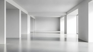 Minimalist tasarımı olan parlak, temiz ve geniş bir koridor. Beyaz duvarları, sütunları ve yansıtıcı zemini var. Tasarım basitliği ve açıklığı vurgular..