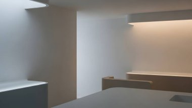 Temiz çizgileri, ince ışıklandırması ve basitlik ve işlevselliğe odaklı minimalist bir tasarımı olan modern bir mutfak. Renk paleti nötr ve sakinleştiricidir..