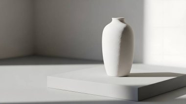 Basit bir beyaz vazo, doğal ışıkla aydınlatılmış bir platformda duruyor. Huzurlu ve minimalist bir estetik yaratıyor..