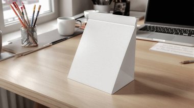 Temiz bir çalışma alanı sahnesi, boş beyaz bir resim sehpasını dizüstü bilgisayarın yanındaki ahşap bir masada ve yumuşak doğal ışıkta yakalanmış kalemleri gösteriyor.