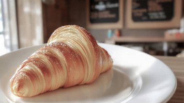 Lezzetli bir altın kruvasan beyaz bir tabakta, tadını çıkarmaya hazır. Arka planda rahat bir kafe ortamı var..