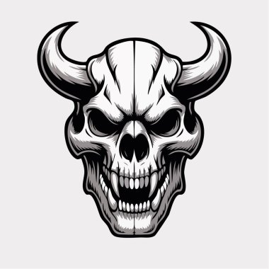 Keskin dişleri, boş göz çukurları ve çarpıcı kıvrımlı boynuzları olan, ayrıntılı, grafik stili çizilmiş şeytani bir kafatasının çarpıcı siyah beyaz çizimi..