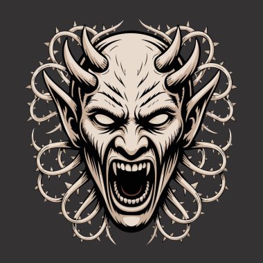 Keskin dişleri ve kıvrık boynuzları olan, hırıldayan iblis kafası.