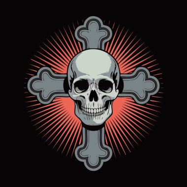 Arkasında ışık saçan bir haç motifi olan stilize kafatası