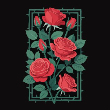 Çiçek süsü olarak düzenlenmiş yemyeşil yapraklı canlı kırmızı gül buketi.