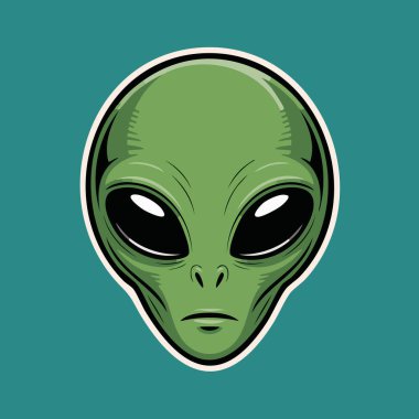 Önde yeşil uzaylı kafa çizgi film çizimleri var. Büyük siyah gözleri ve pürüzsüz bir cildi var.